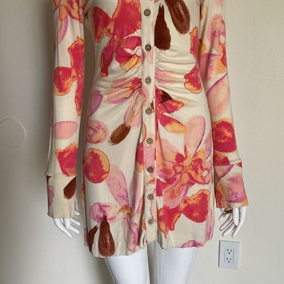 Free People Cream and Pink Watercolor Floral Knit Mini Dress Size Small - Picture 4 of 12